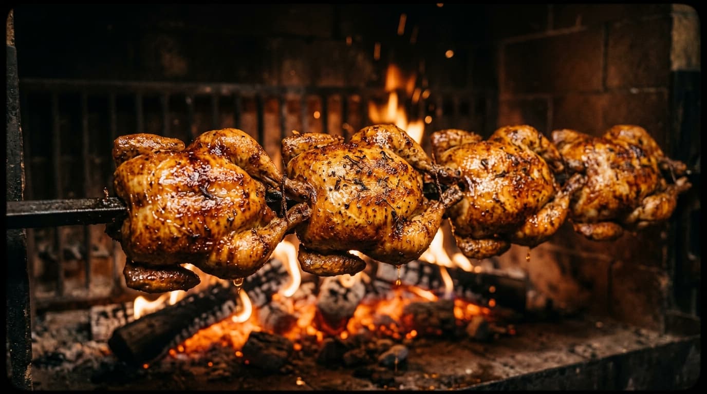 Goldene Güggeli am Drehspiess über offenem Feuer